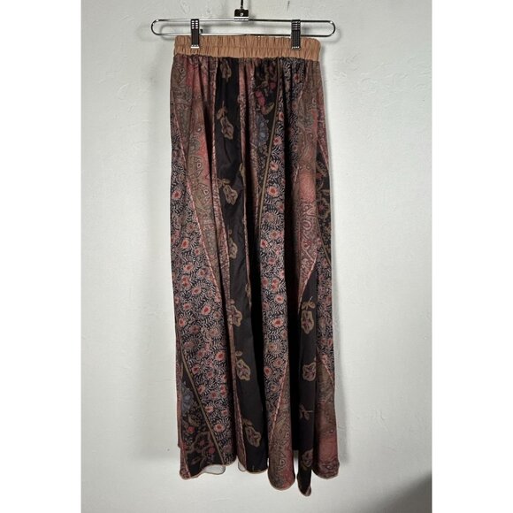 Romwe Womens Brown Pink Floral Boho Patchwork Maxi Skirt Small Elastic Waist - Picture 2 of 7